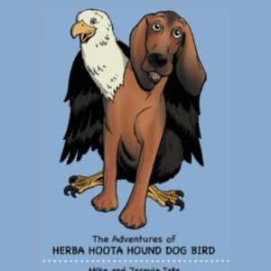 A dog with an eagle on its back.